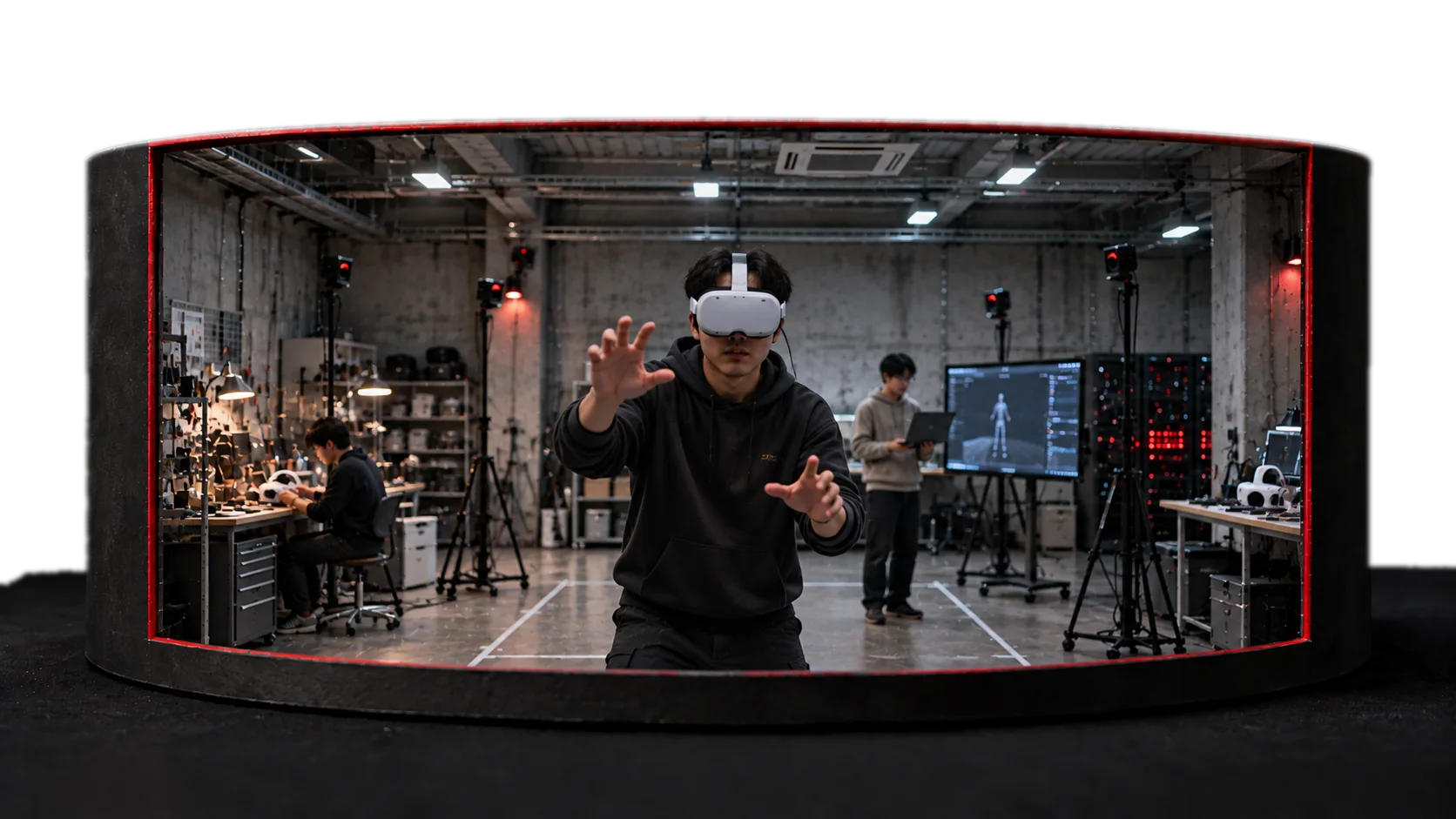 VRゴーグルを着けて操作を試しているXR・VRアプリの開発ラボ